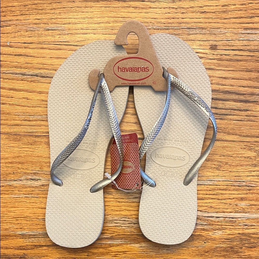 Havaianas Light Tan Flip Flops with Metallic Straps